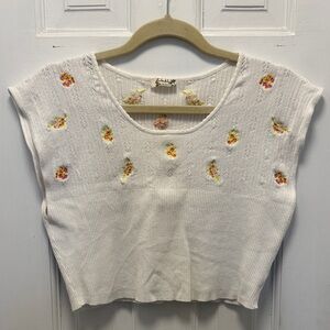 Anthropologie White Crop Top with Floral Embroidery